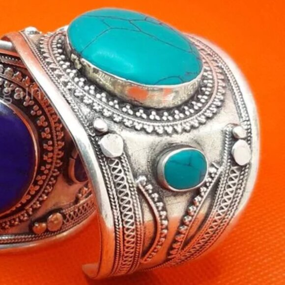 Single Boho Kuchi Cuff Bracelet With Round Shaped Stones, Tribal Ethnic Cuff - Picture 4 of 6